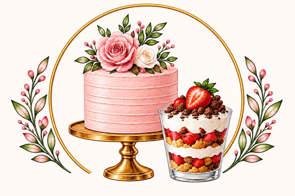 A rose-topped blush layer cake on a gold stand beside a layered strawberry dessert cup